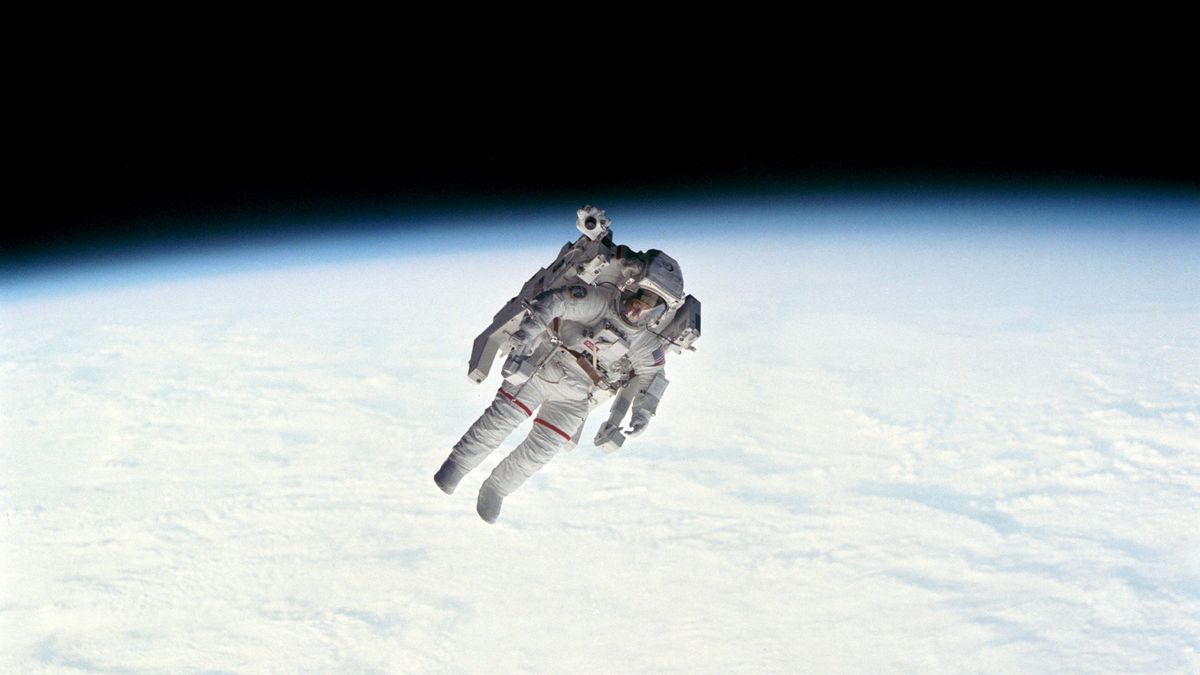 Astronaut Robert Stewart during Manned Maneuvering Unit (MMU) Exercise untethered above the Earth.February 11, 1984.