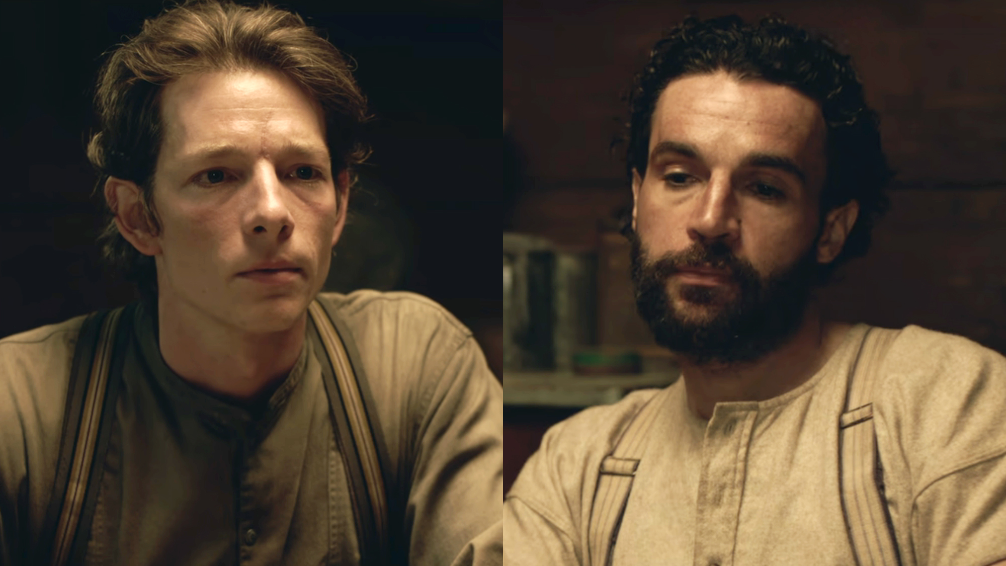 Mike Faist and Christopher Abbott in soiled long sleepwear and suspenders as the Trask brothers in East of Eden.