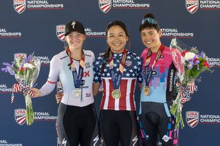 Under-23 women's podium (L to R): Olivia Cummins (Lux CTS p/b Specialized) second, Zoe Ta-Perex (Lux CTS p/b Specialized) winner, Betty Hasse (Levine Law Group) third