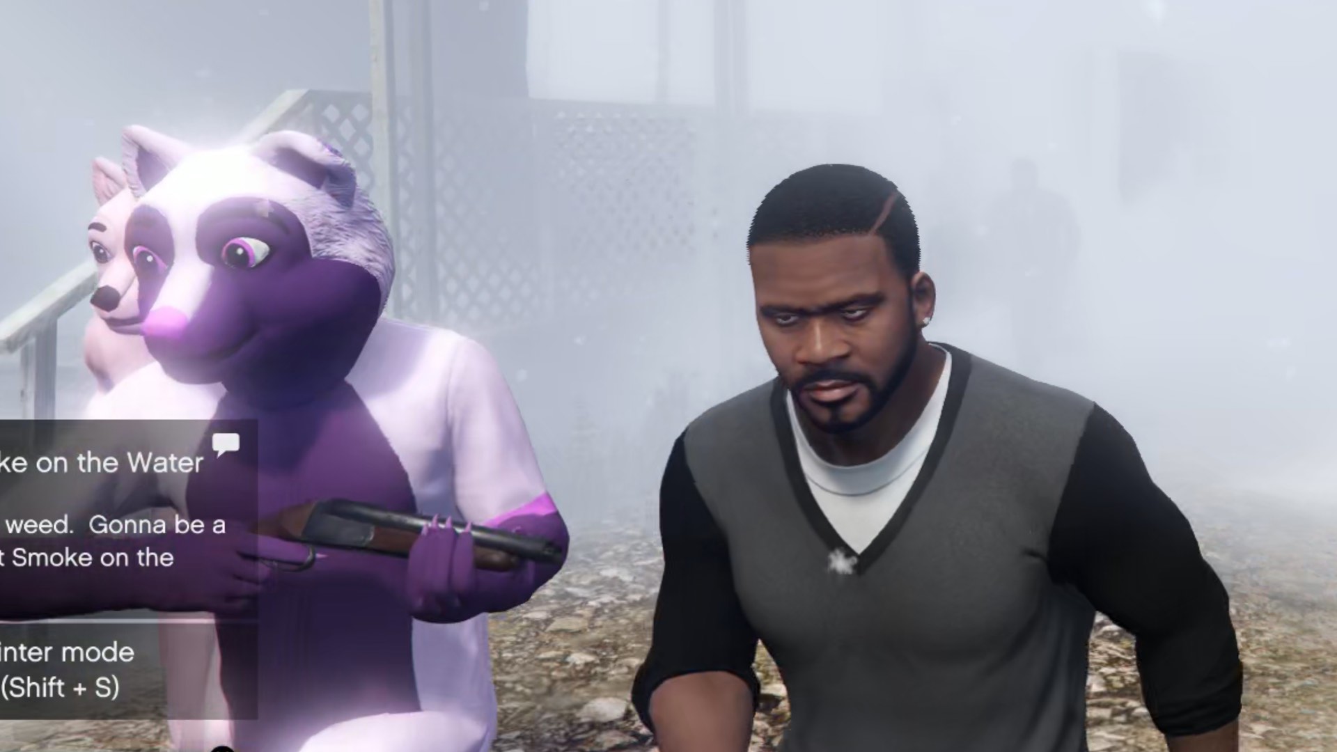 Franklin looks bored running alongside a furry with a shotgun.