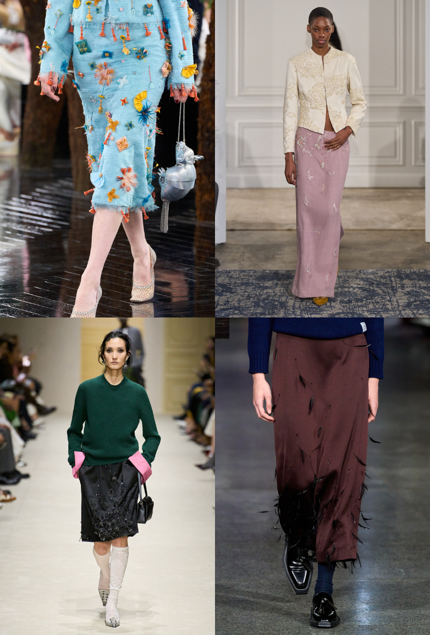 Four images of embellished skirts trending for autumn, featuring sequins and various other types of embellishment