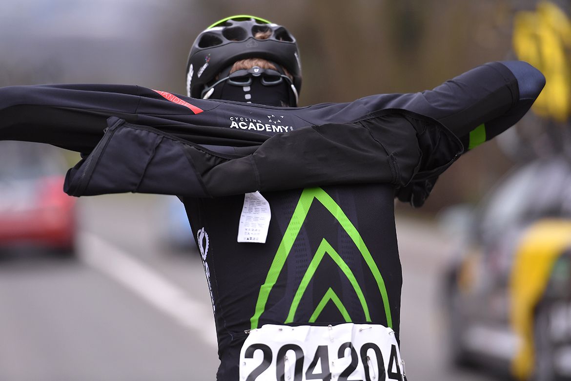 Hamish Schreurs tries to stay warm in February in Flanders.