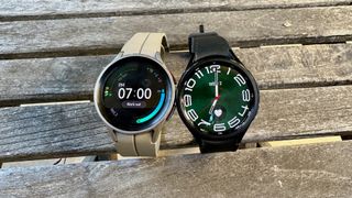 A front view of the Galaxy Watch 5 Pro (left) and Galaxy Watch 6 Classic (right)