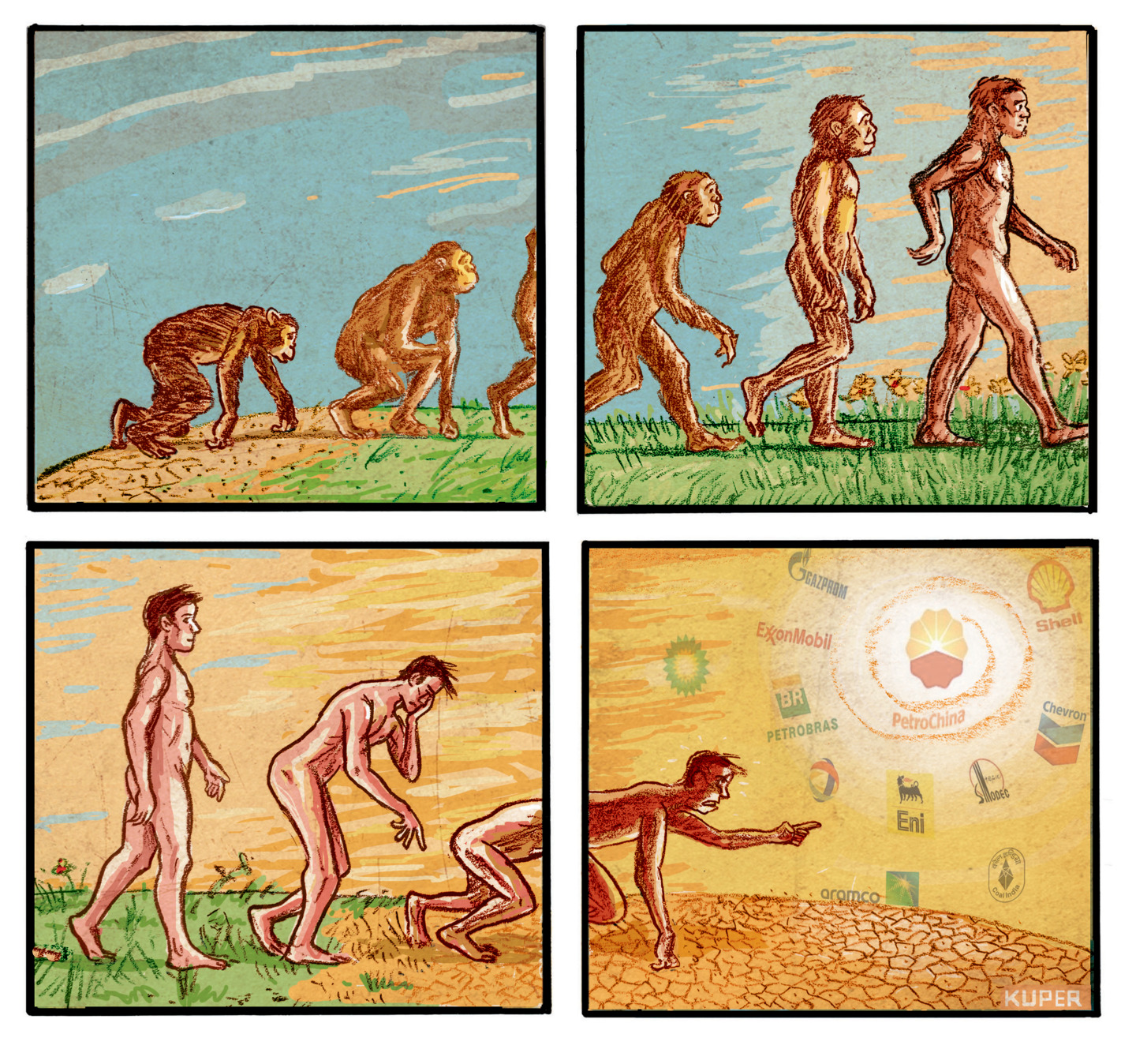 This is a four panel political cartoon that depicts the evolution of man from an ape-like creature to a homo sapien walking upright. But, the man begins to stumble and wither under a burning sun and parched landscape in the final panel. The sun is surrounded by logos of fossil fuel corporations including Shell, Exxon Mobile and Chevron.