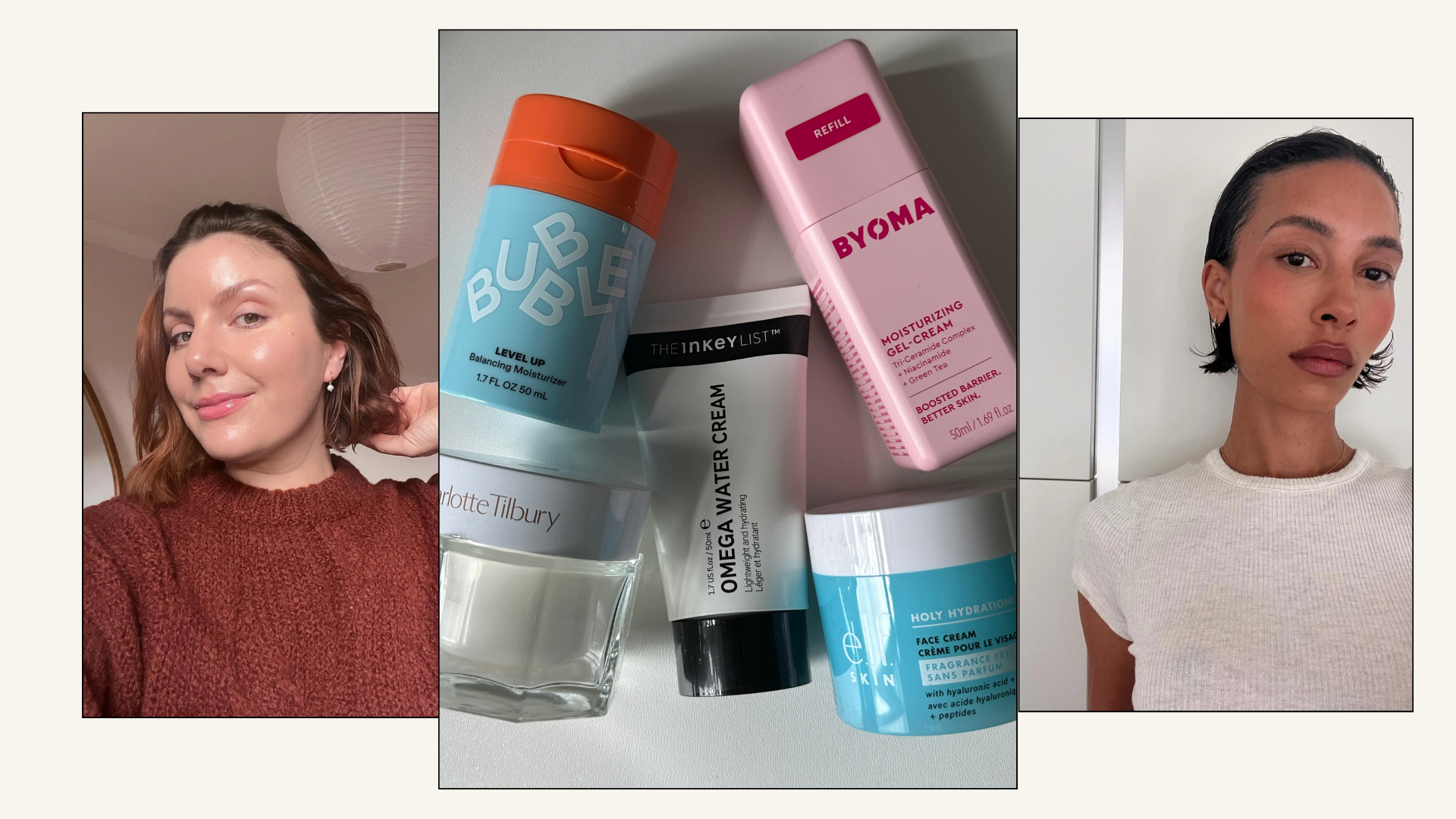A collage of editor seflies with a picture of gel moisturiser products
