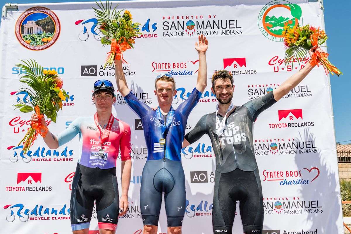 Redlands Bicycle Classic stage 1 podium (l-r): second place Tom Williams (Thriva SRCT), winner Tyler Stites (Project Echelon) and third place Stephen Bassett (Denver Disruptors)