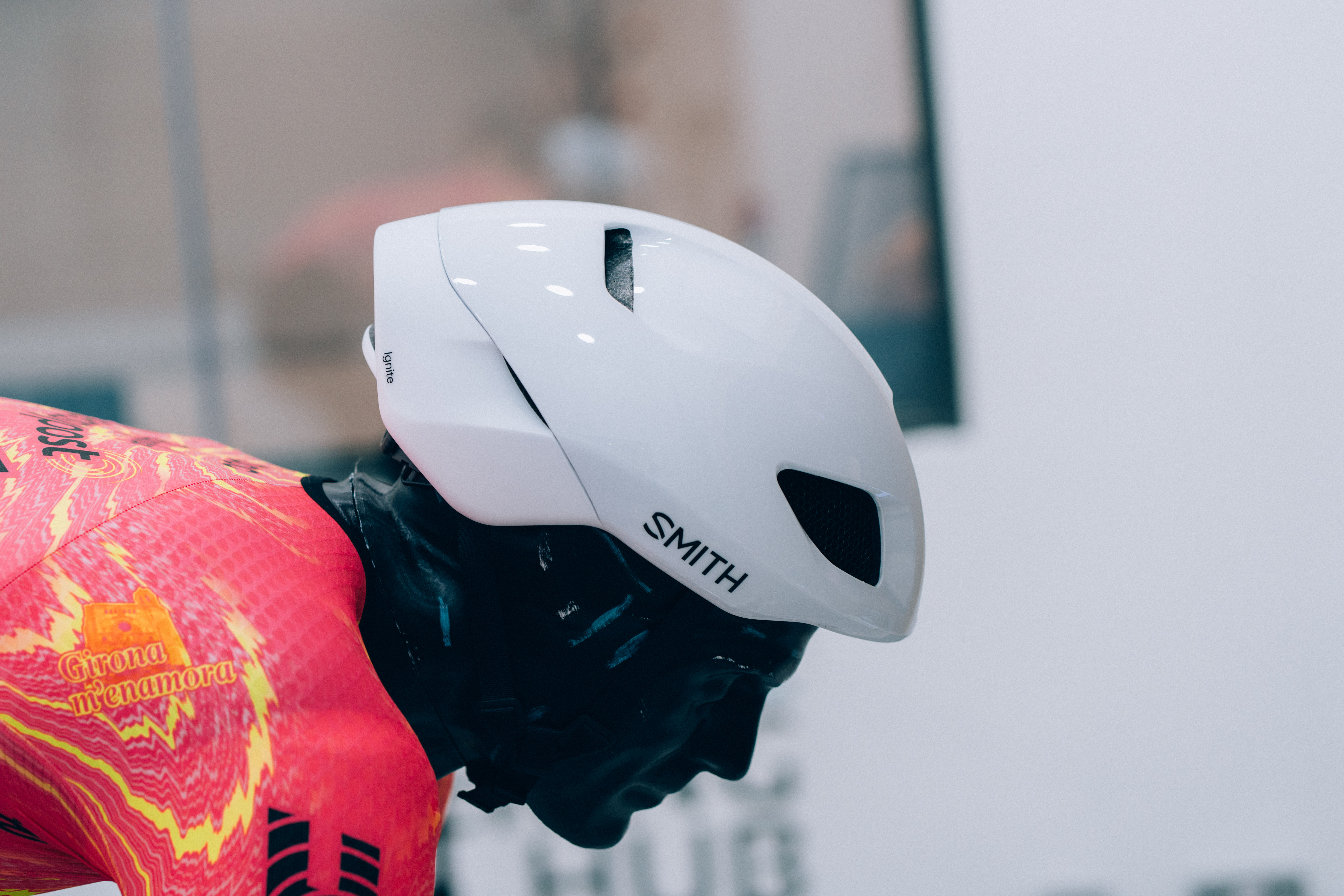A close up of helmets being tested in the wind tunnel