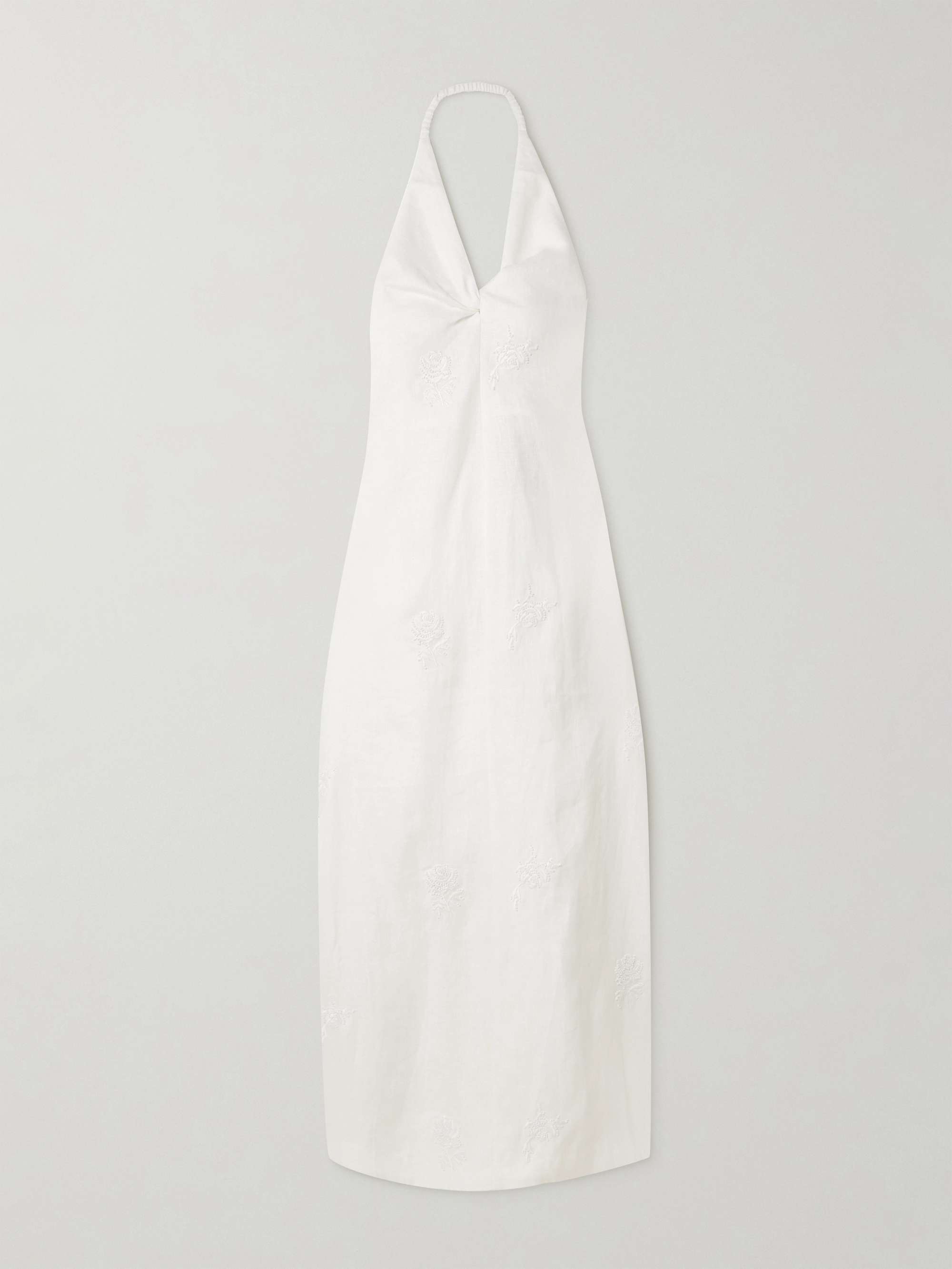 Alessandra Twist-Front Embroidered Linen Halterneck Midi Dress