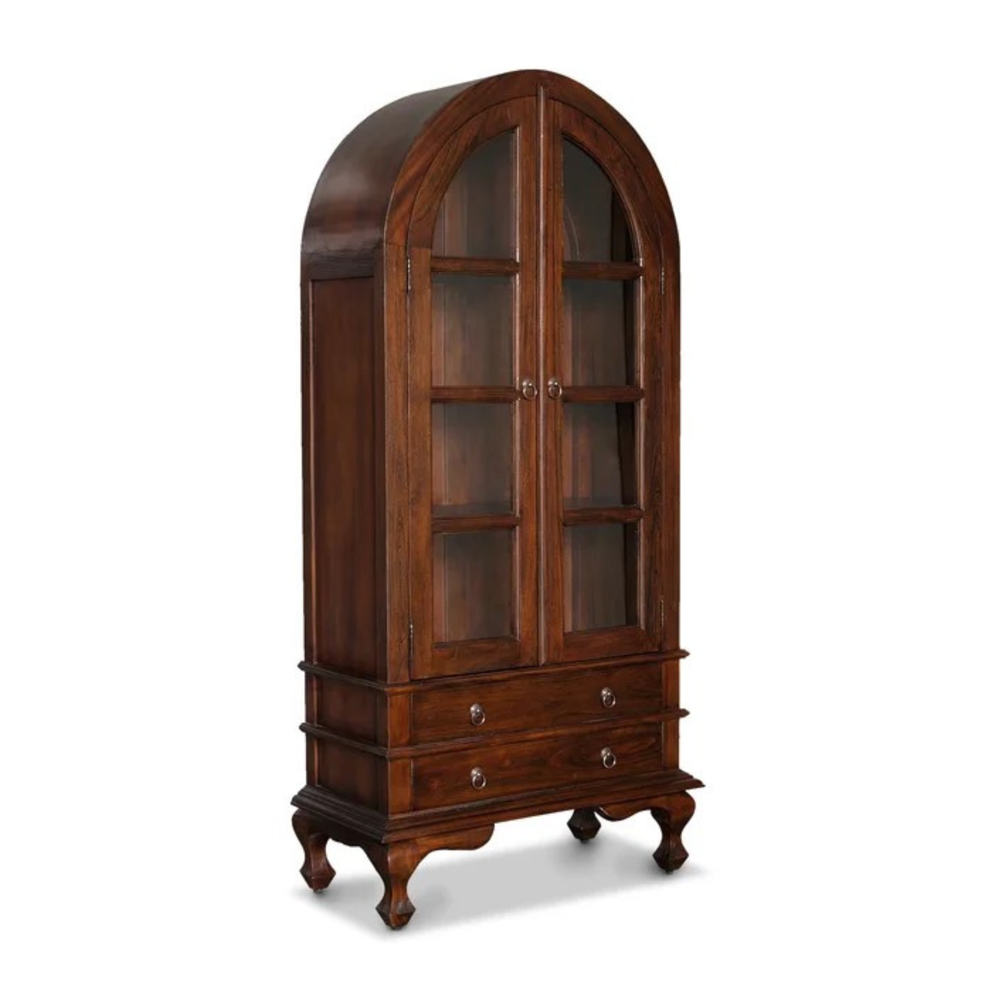product shot of dark wood glass fronted cabinet freestanding