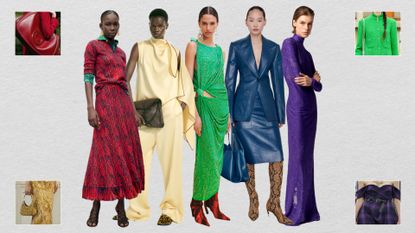 winter 2025 color trends of red, yellow, green, blue, pruple, seen at Gucci, Alexander McQueen, Bottega Veneta, Stella McCartney, Tory Burch, Ferragamo, Lanvin, Chanel, and Christian Dior