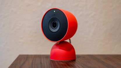 Google Nest Cam (wired, 3rd gen) on a shelf