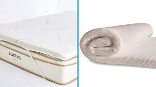 Saatva vs Tempur-Pedic mattress toppers: image shows Saatva on one side, Tempur-Pedic on the other