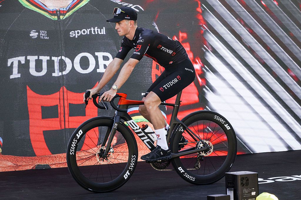 Rick Pluimers of the Tudor Pro Cycling Team is seen during the team presentation at the Grand Depart Barcelone 2026