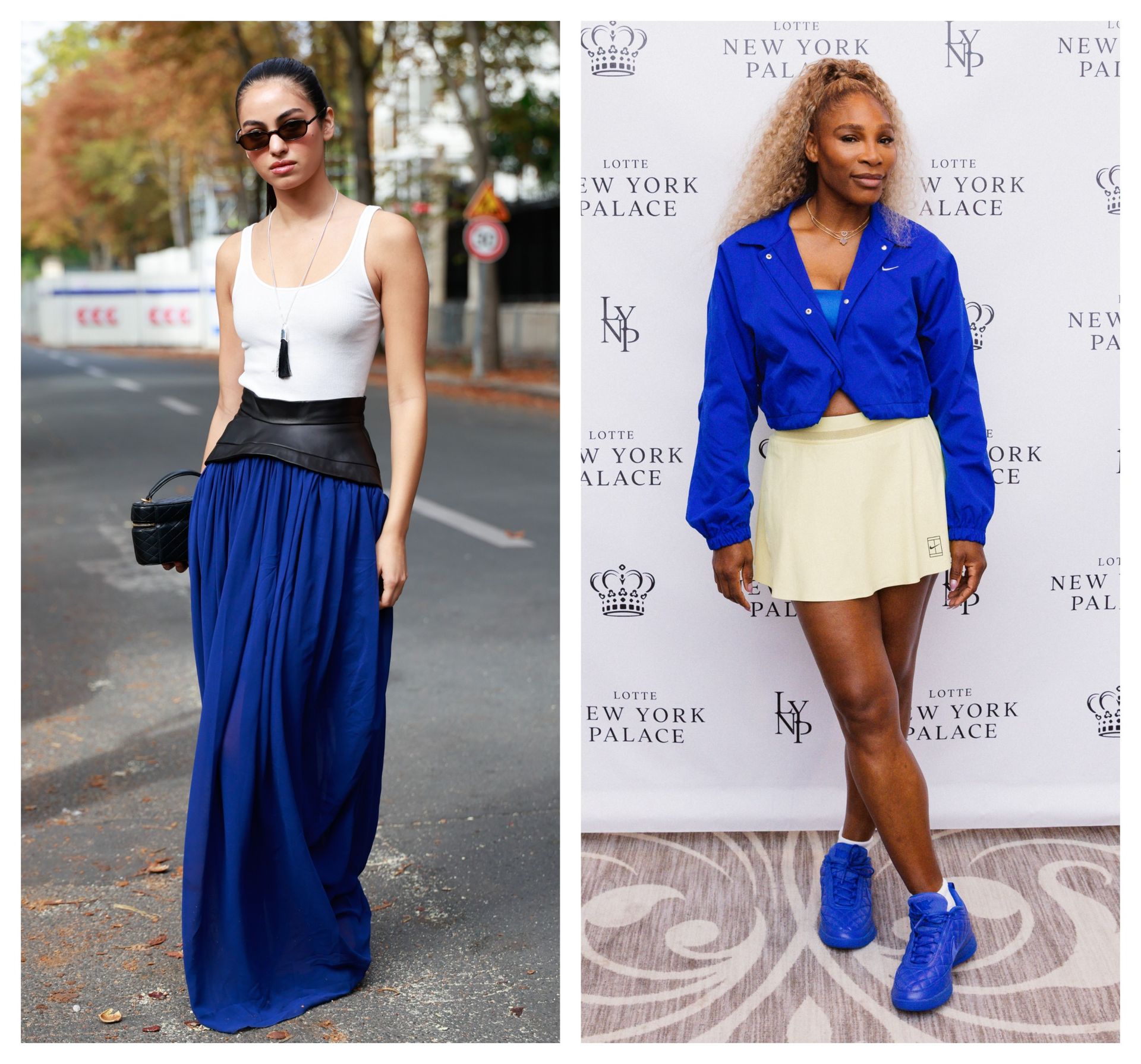 collage of a French girl and Serena Williams wearing the same French girl trend: cobalt blue