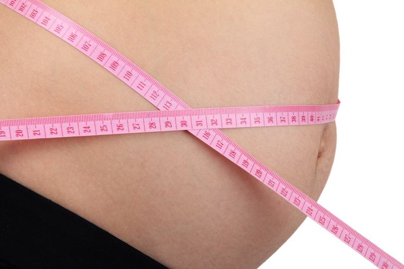 A pregnant woman&#039;s belly, with a measuring tape