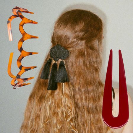 A collage of people and celebrities wearing hair accessories that are trending for fall 2026.