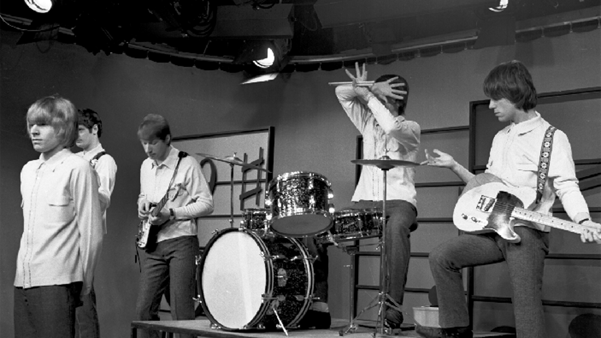 1965: Rock band "The Yardbirds" perform on a TV show in 1965. Drummer Jim McCarty, guitarist Chris Dreja, guitarist Paul Samwell-Smith, singer Keith Relf and guitarist Jeff Beck.