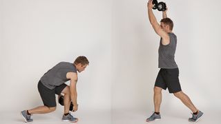 Jessie Pavelka demonstrating two positions of the woodchop dumbbell exercise