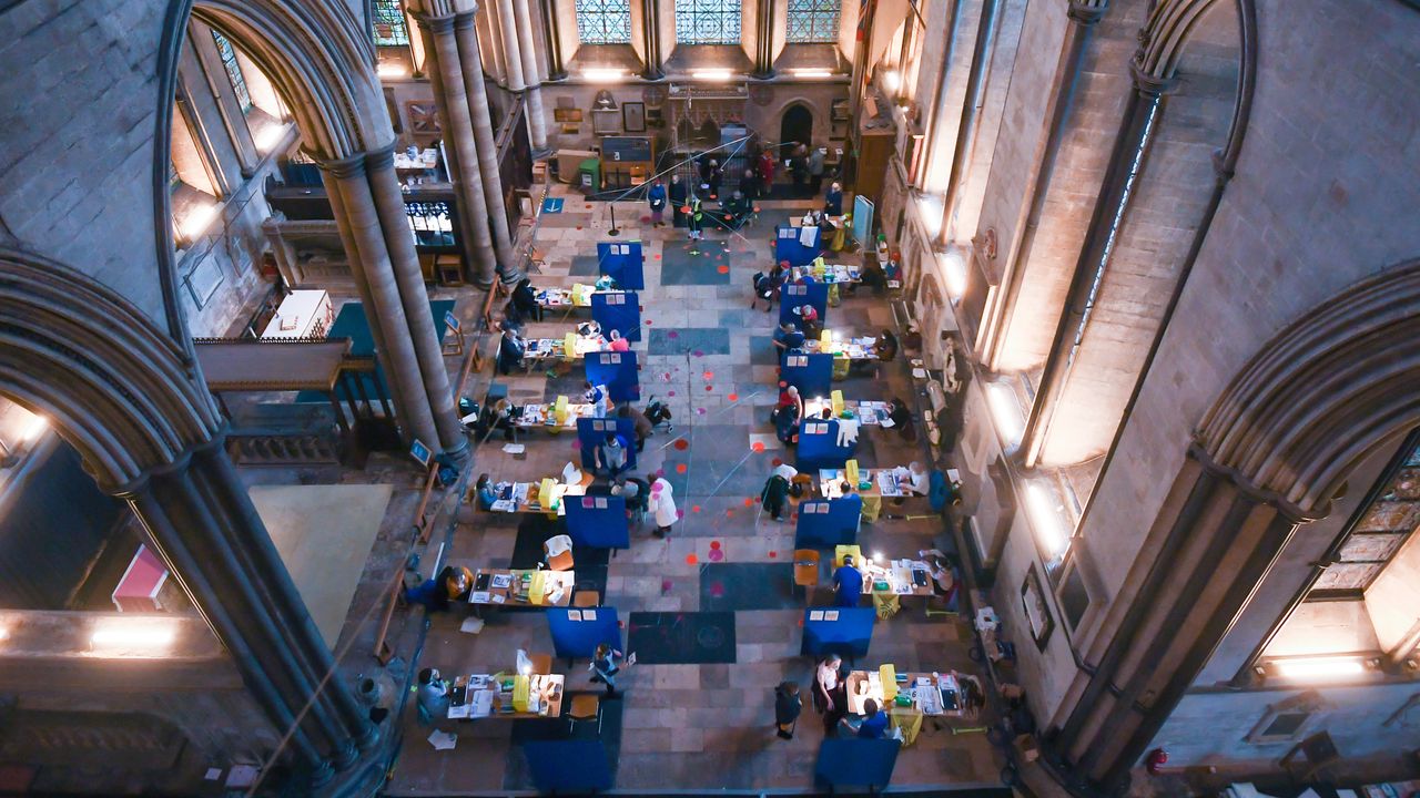 A mass vaccination centre inside Salisbury Cathedral