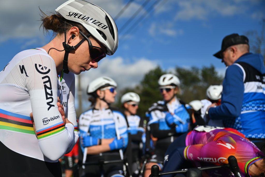 WAREGEM BELGIUM MARCH 27 Lotte Kopecky of Belgium and Team SD Worx Protime and the womens peloton is stopped due to a twocar accident after the mens race there will be no climb of the Knokteberg Trieu during the 12nd Dwars door Vlaanderen 2024 Womens Elite a 1299km one day race from Waregem to Waregem on March 27 2024 in Waregem Belgium Photo by Luc ClaessenGetty Images