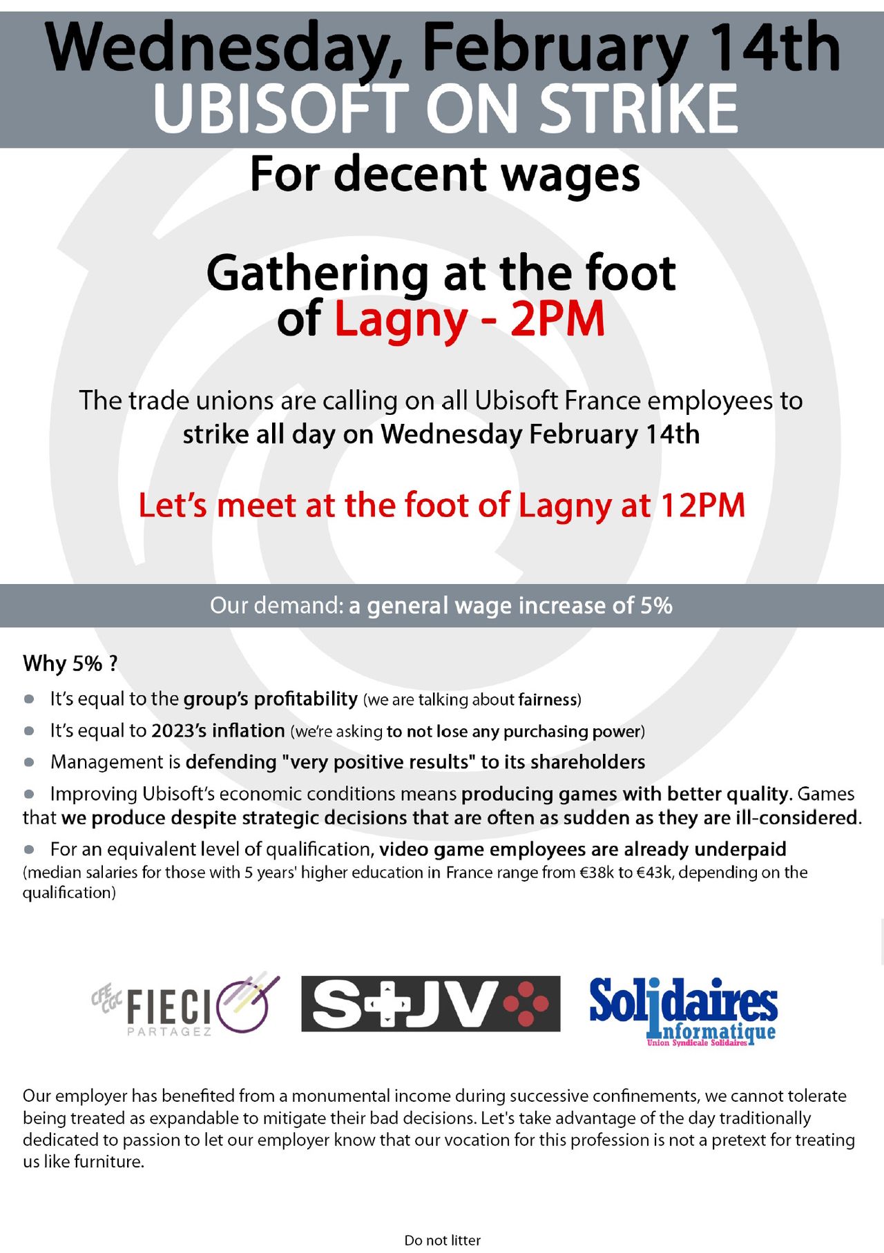Solidaires Informatique leaflet calling for strikes at Ubisoft studios in France