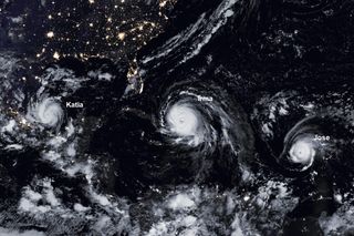 Here, hurricanes Katia, Irma and Jose swirl in the Atlantic on Sept. 8, 2017. The raging trio was captured by the Visible Infrared Imaging Radiometer Suite (VIIRS) on the Suomi NPP satellite. The day-night band allowed the instrument to show both the city