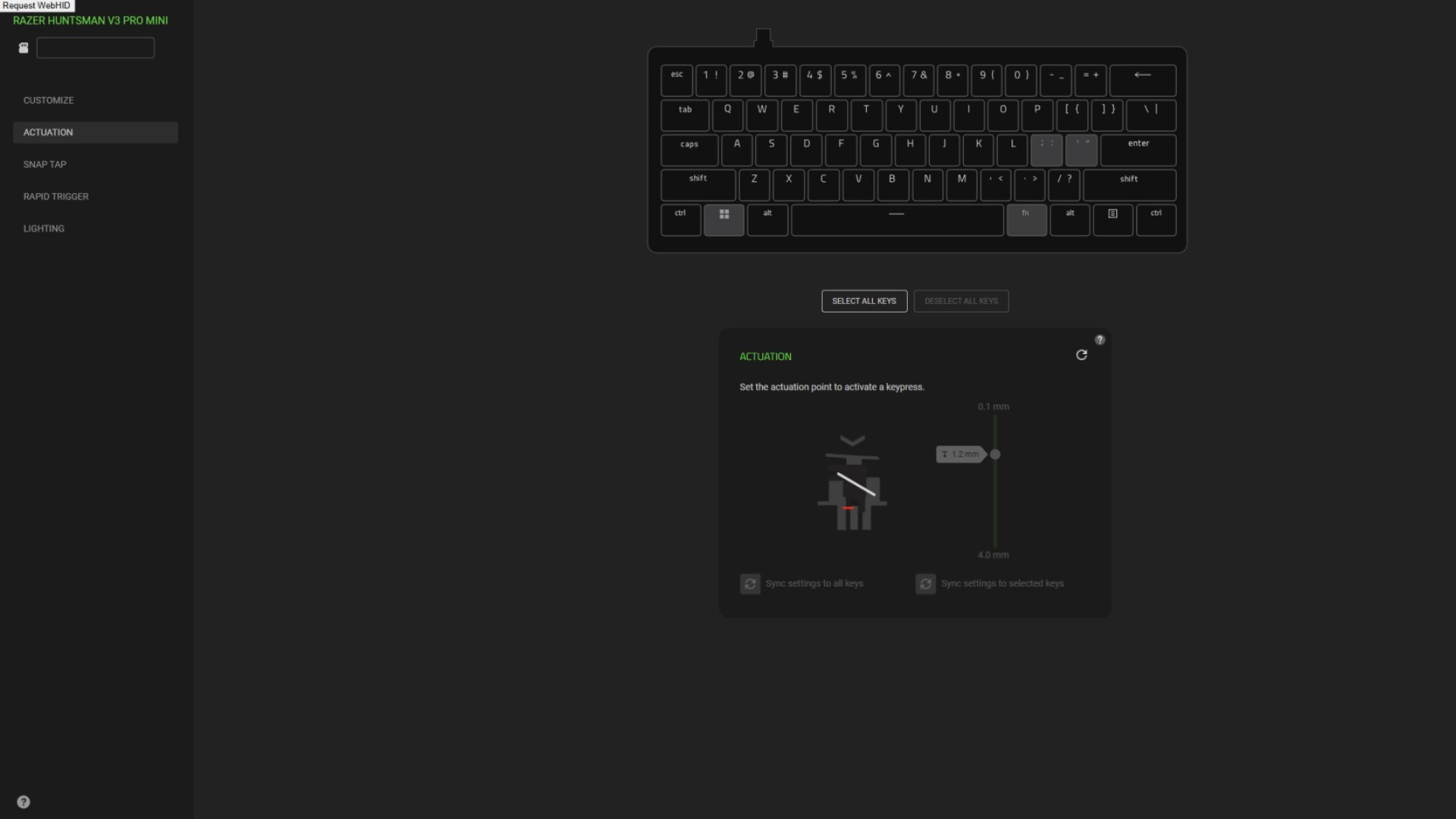 Razer Synapse Web running on Huntsman V3 Pro Mini gaming keyboard