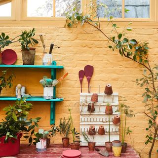 garden with rough orange wall and potted plants