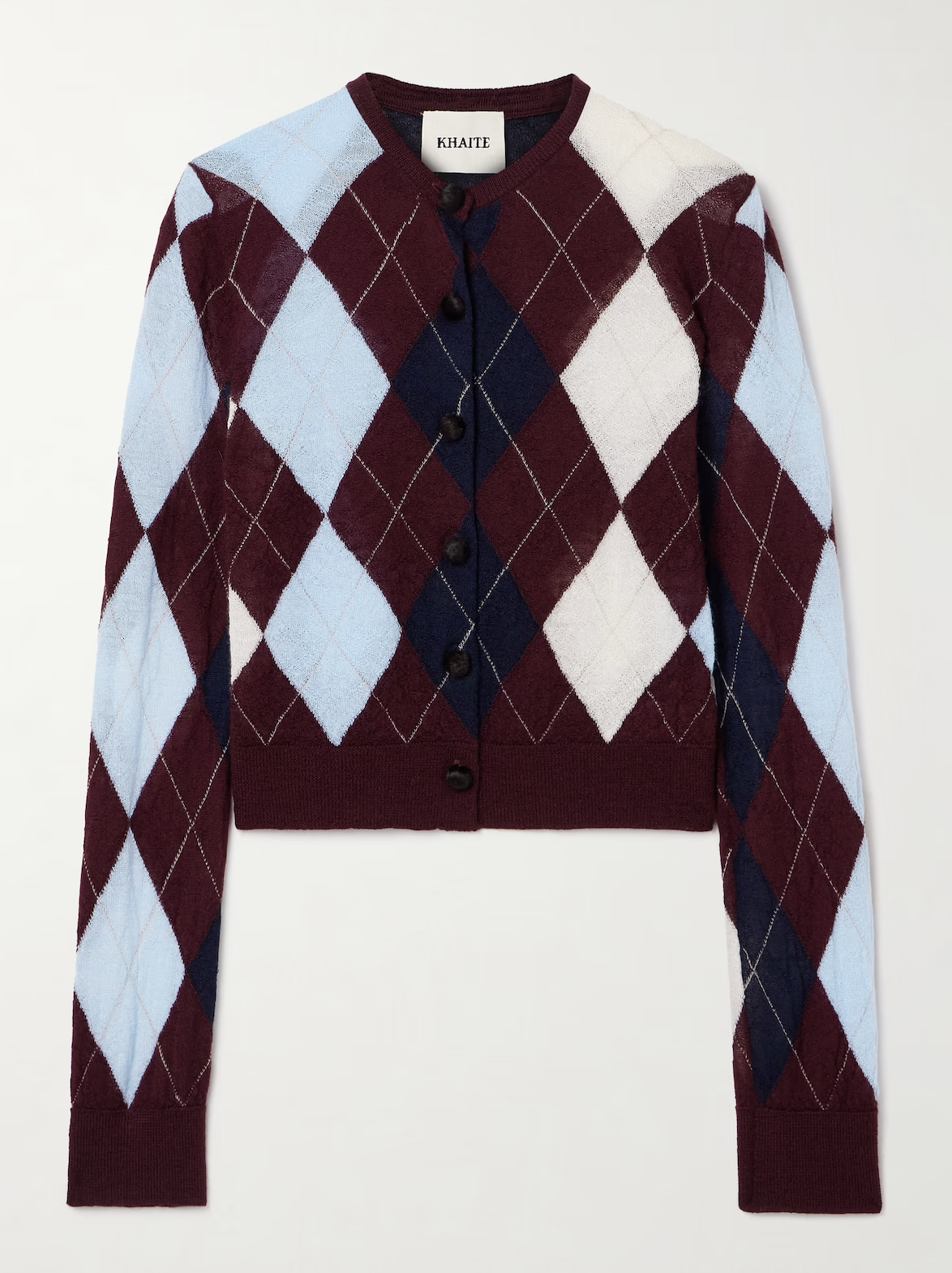KHAITE , Charli calf hair-trimmed argyle cashmere and mohair-blend cardigan