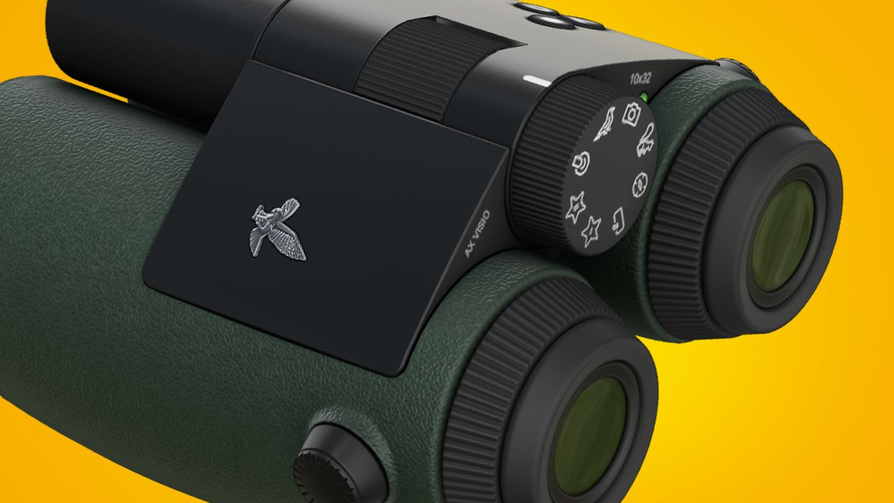 A pair of Swarovski binoculars on an orange background
