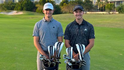 Nicolai and Rasmus Hojgaard pose with their new Callaway Golf bags