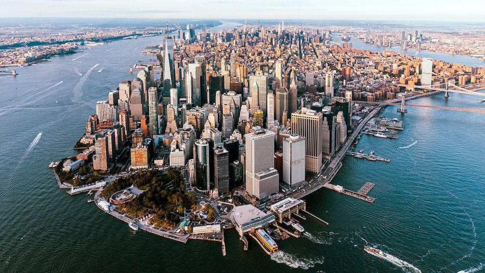 An aerial view of the New York City skyline from the south. 