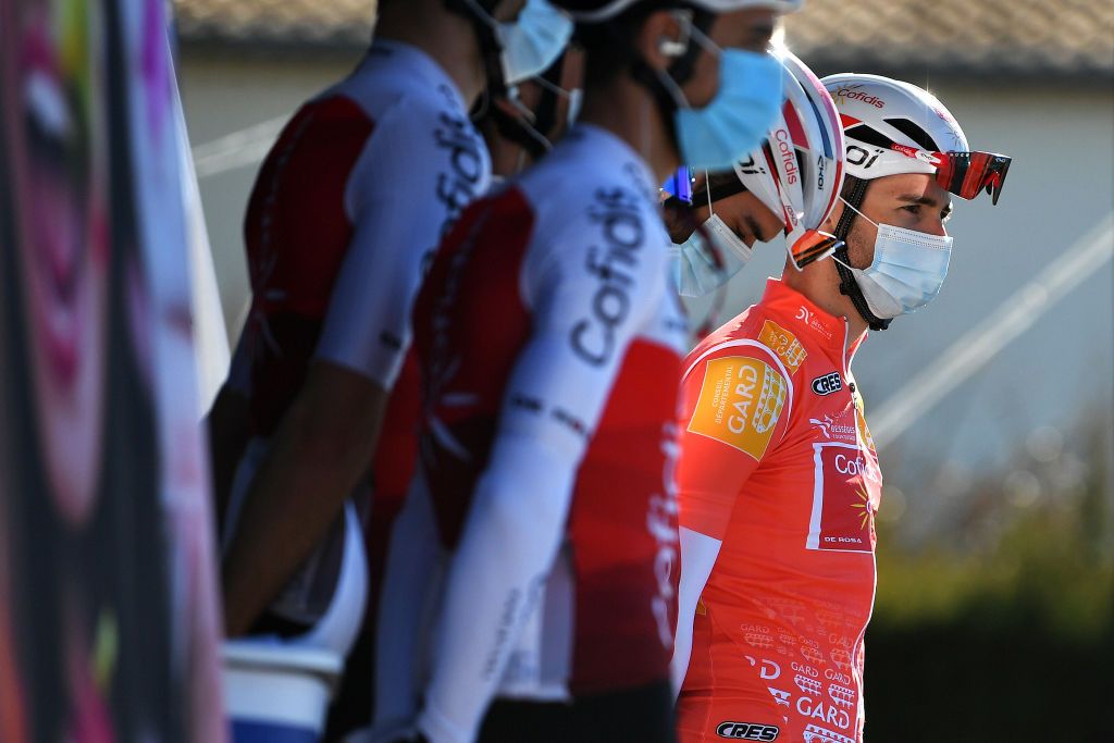 GARD FRANCE FEBRUARY 05 Benjamin Thomas of France and Team Cofidis Red Leader Jersey prior to the 52nd toile De Bessges Tour Du Gard 2022 Stage 4 a 145km stage from Saint Hilaire de Brethmas to Mont Bouqueton 617m EDB2022 February 05 2022 in Gard France Photo by Luc ClaessenGetty Images
