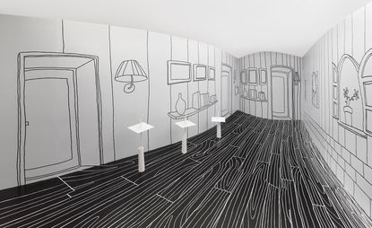 Line artwork representing a room. We see doors, lamps, windows, and bookcases drawn on the walls.