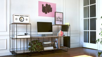 shelves with speakers