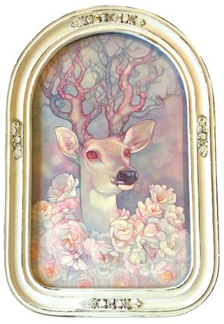 Finished watercolour deer painting in a curved vintage frame