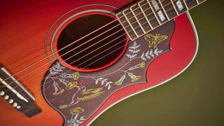 Close up of Gibson Hummingbird on green background 