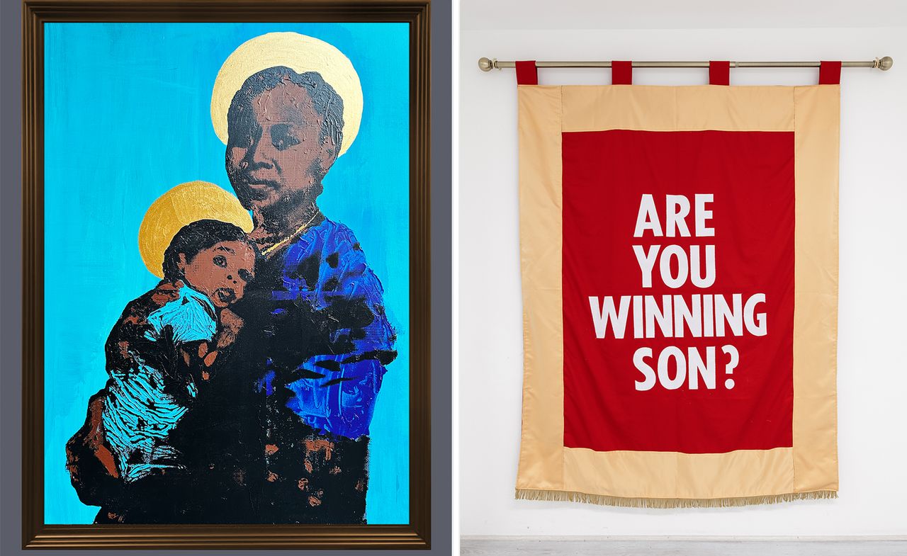 Two artworks from Incubator gallery exhibitions: Mother and child, and graphic textile with the words &#039;Are you winning son?&#039;