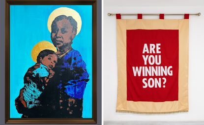 Two artworks from Incubator gallery. Mother and child, and graphic textile with the words 'Are you winning son?'