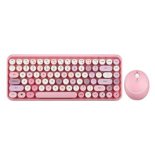A pink keyboard with a mouse