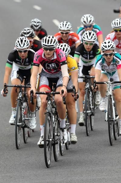 Loren Rowney leads team-mate and overall leader, Chloe Hosking (Total Rush) in the bunch