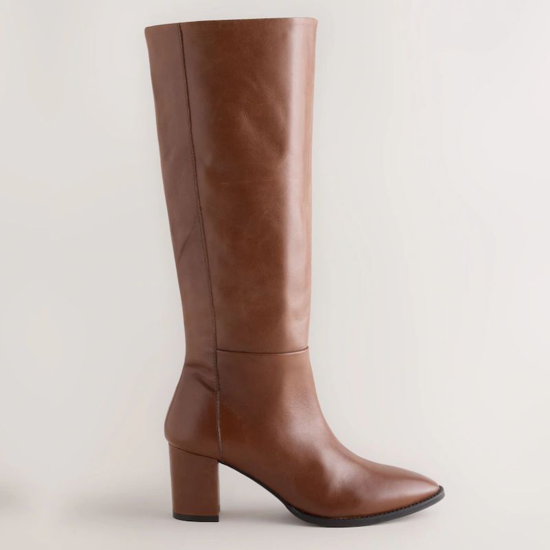 Next, tan brown leather knee high boots