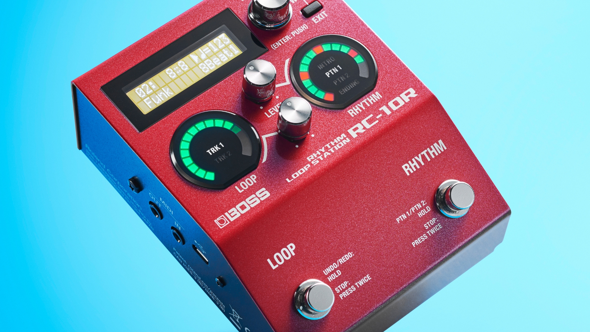 A Boss RC-10R looper pedal on a blue background