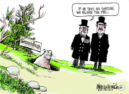 Political cartoon U.S. FBI Russia investigation GOP Groundhog Day