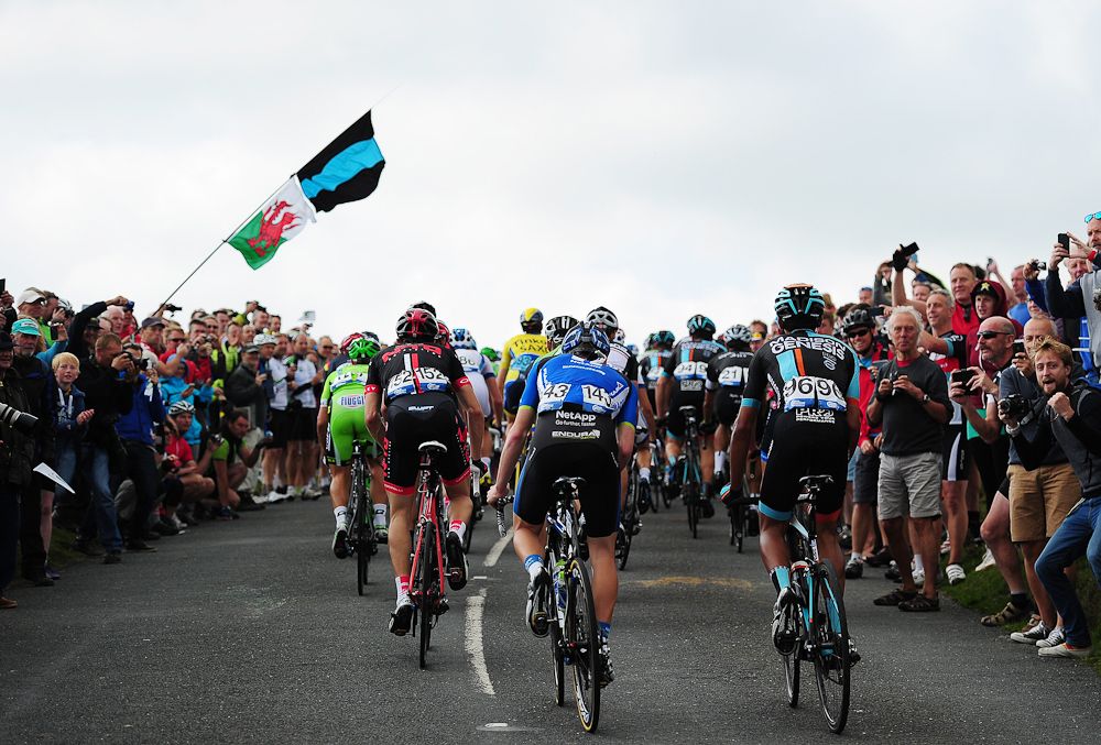 The peloton make their way up the final 100m to the submit of Hay Tor during Stage Five of the 2014 Tour of Britain from Exmouth to Exeter.