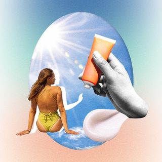 woman in swimsuit blocking sunscreen bottle with hand.