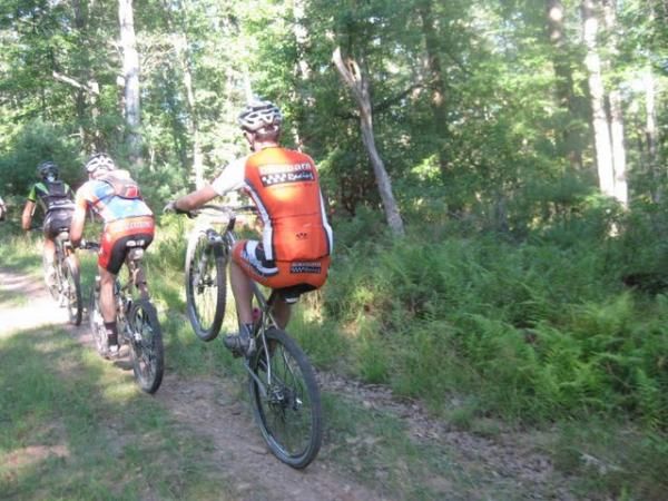 A rider pops a wheelie.