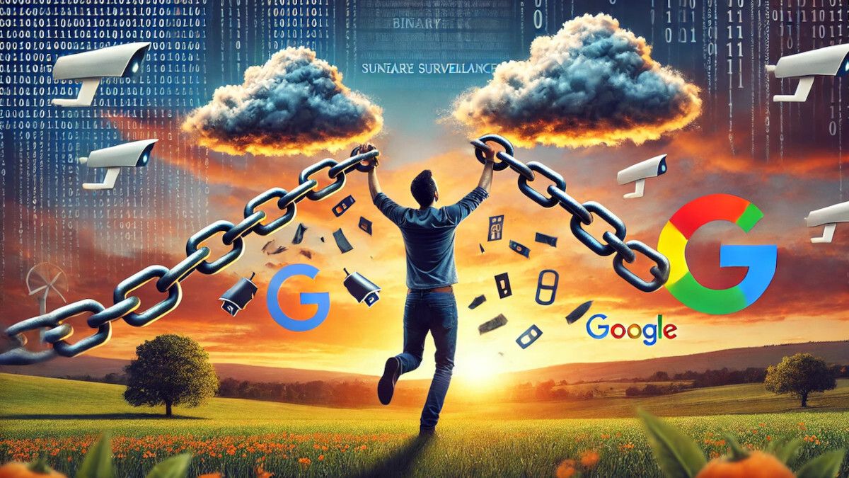 Man cutting ties with Google – getting free from Big Tech surveillance concept.