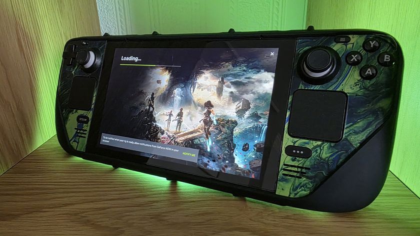 Steam Deck console with NvIdia GeForce Now interface on screeen