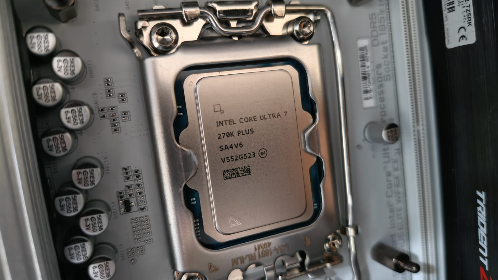 An Intel Core Ultra 7 270K Plus fully installed on a motherboard